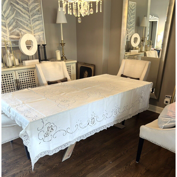 Vintage Ecru Linen Floral Cutwork Embroidered Tablecloth 69” x 59” Lace Trim - Picture 2 of 5